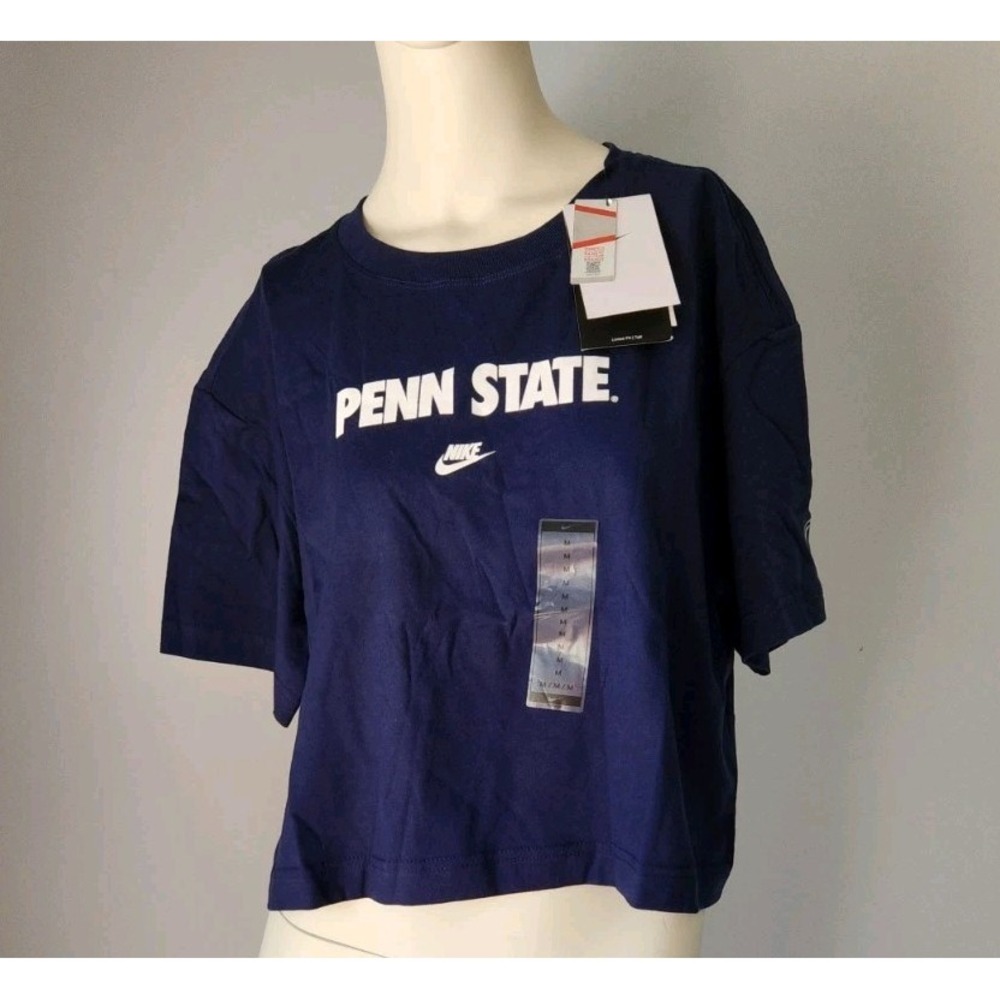 NWT Nike Womens Penn State Loose Fit Navy Cropped Cotton T Shirt‎ Sz Medium Tall